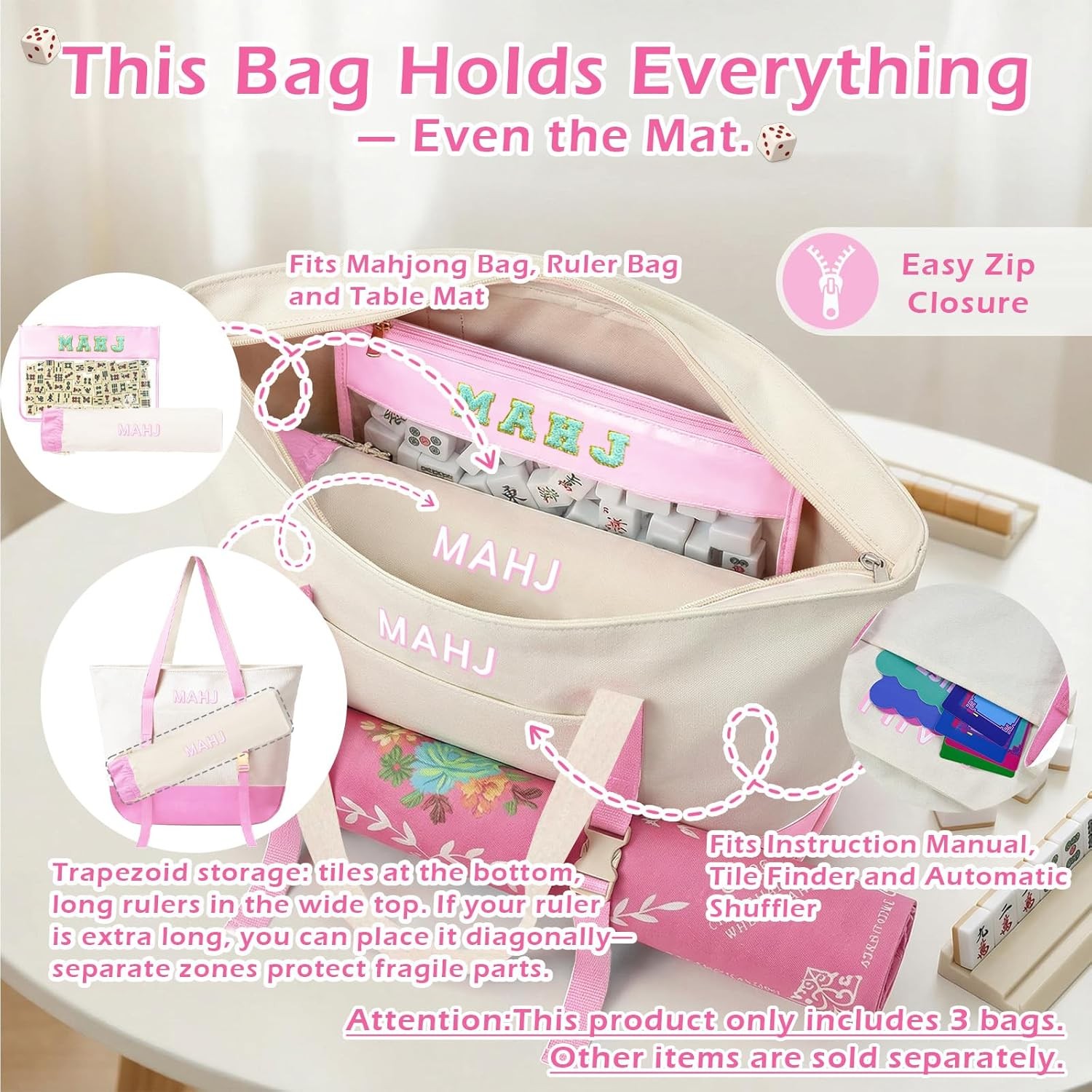 Empty Mahjong Tile Bags Set for American Tiles and Racks,Canvas Tote Bag with Ma