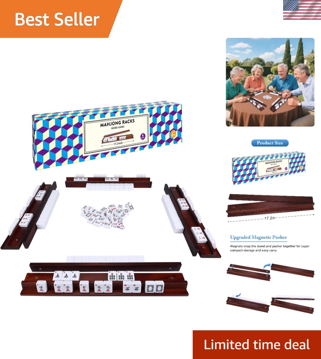 Portable 4-Piece Vintage Mahjong Rack Set with Magnetic Pushers for Easy Play