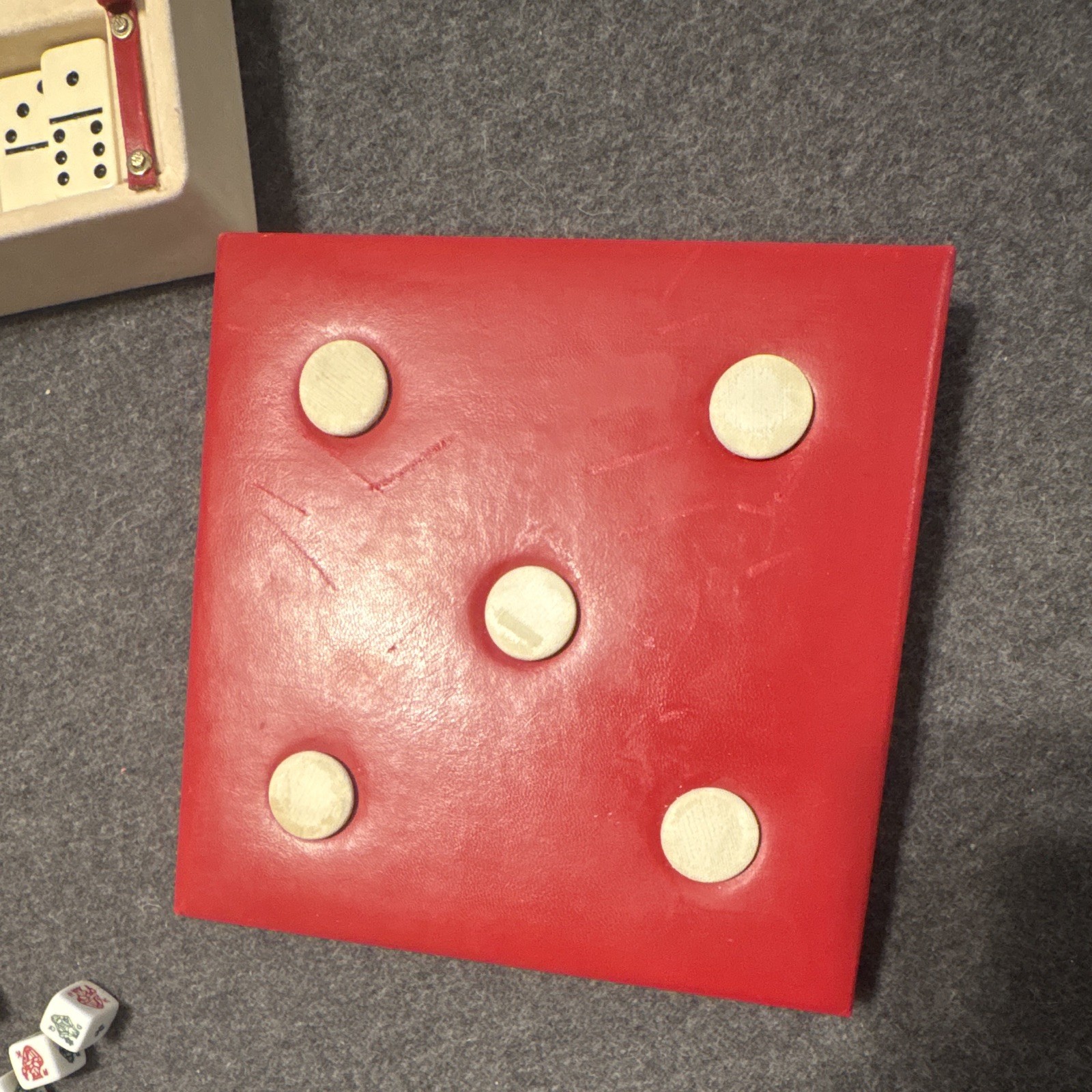 Red Dice-Shaped Travel Game Set w Board, Dominoes, Poker Chips, Cards & Dice