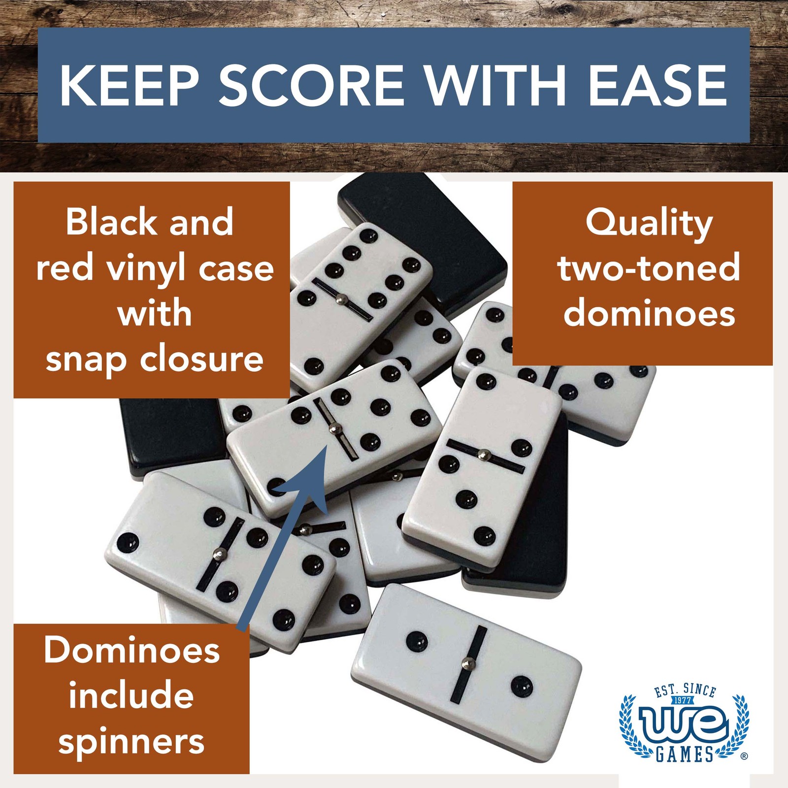 WE Games Two-Toned Black & White Double 6 Dominoes with Spinners – Club Size