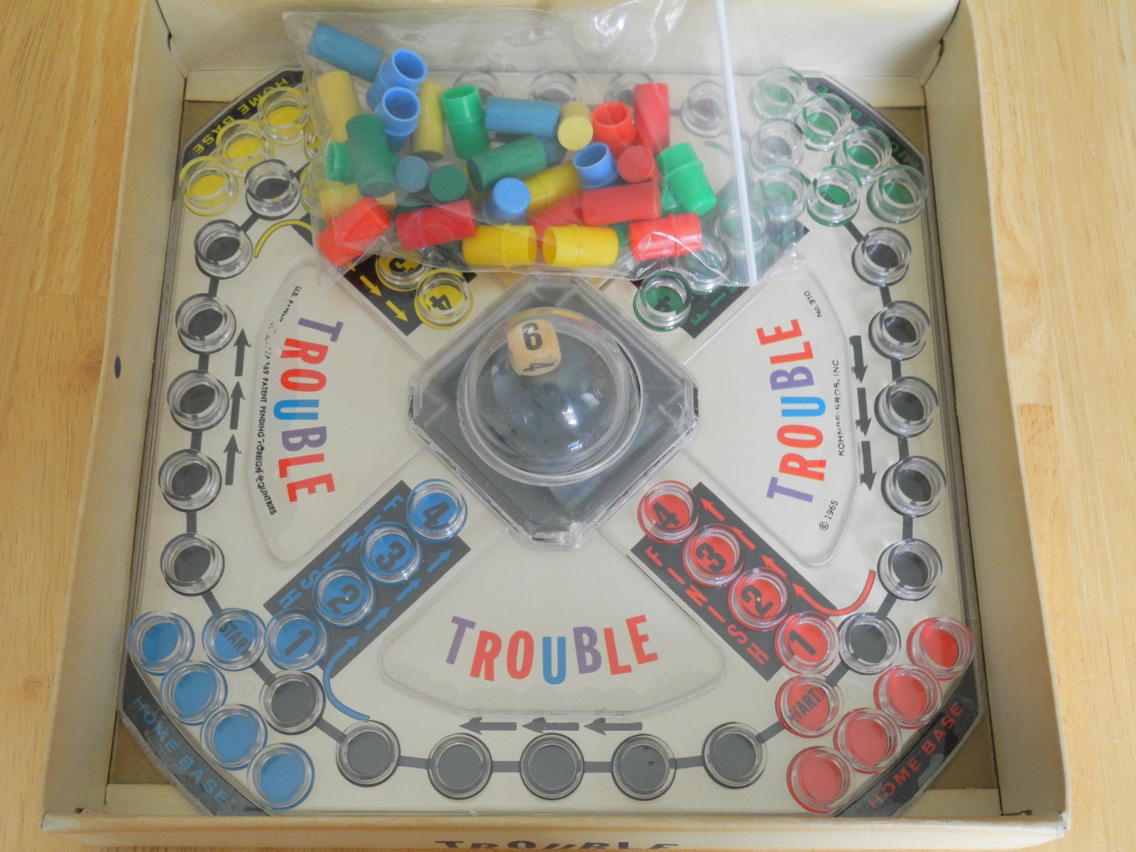 Vintage Trouble Board Game Kohner Bros No. 310 with Extra Wooden Pegs 1965