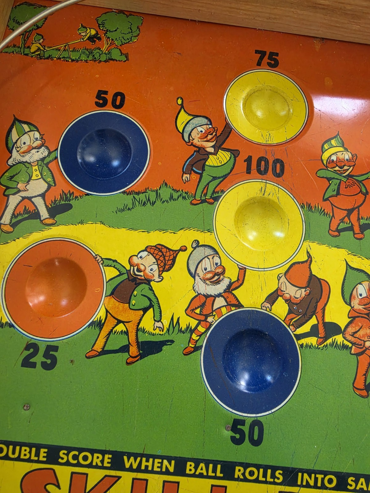 Vintage 1950s Skill – Roll Tin Litho Game W/ Gnomes and Elves