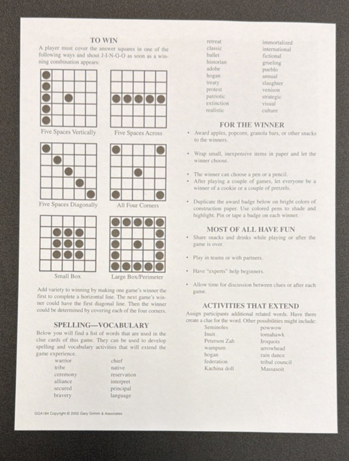 Vintage 2002 JINGO Native Americans Bingo Trivia Educational Game-Gary Grimm