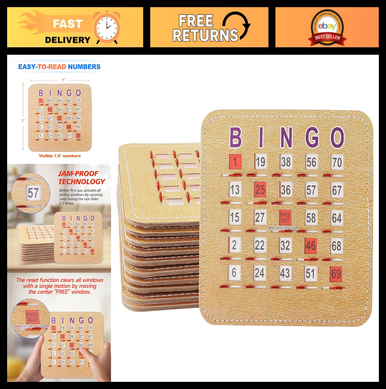 10-Pack Reusable Bingo Cards – 5-Ply Stitched, Quick-Clear Sliding Windows