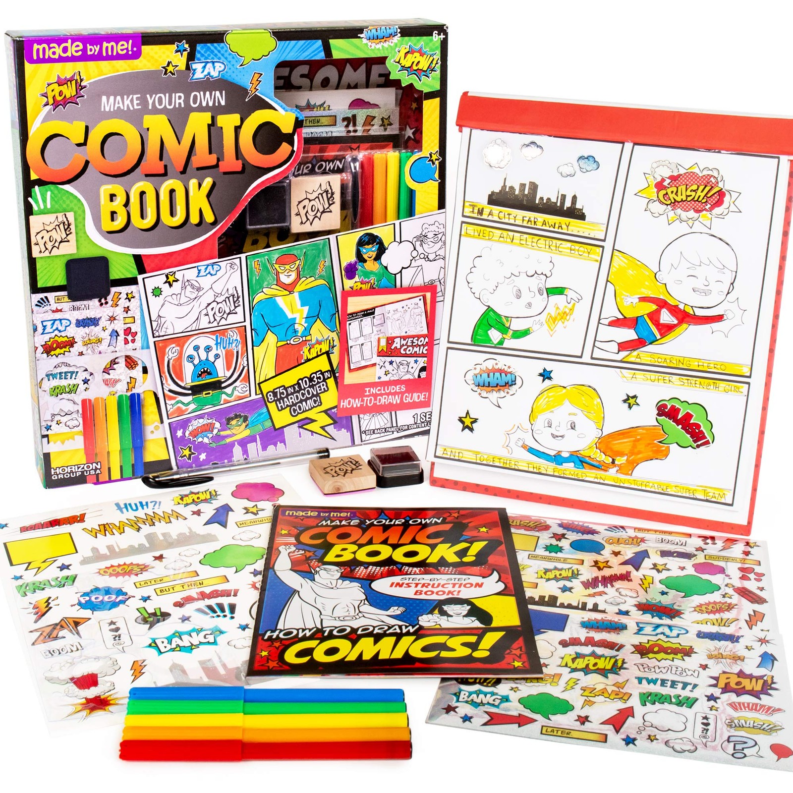 Comic Book Kit Kids 15 Page Hardcover Drawing Guide Stickers Markers Make How-to
