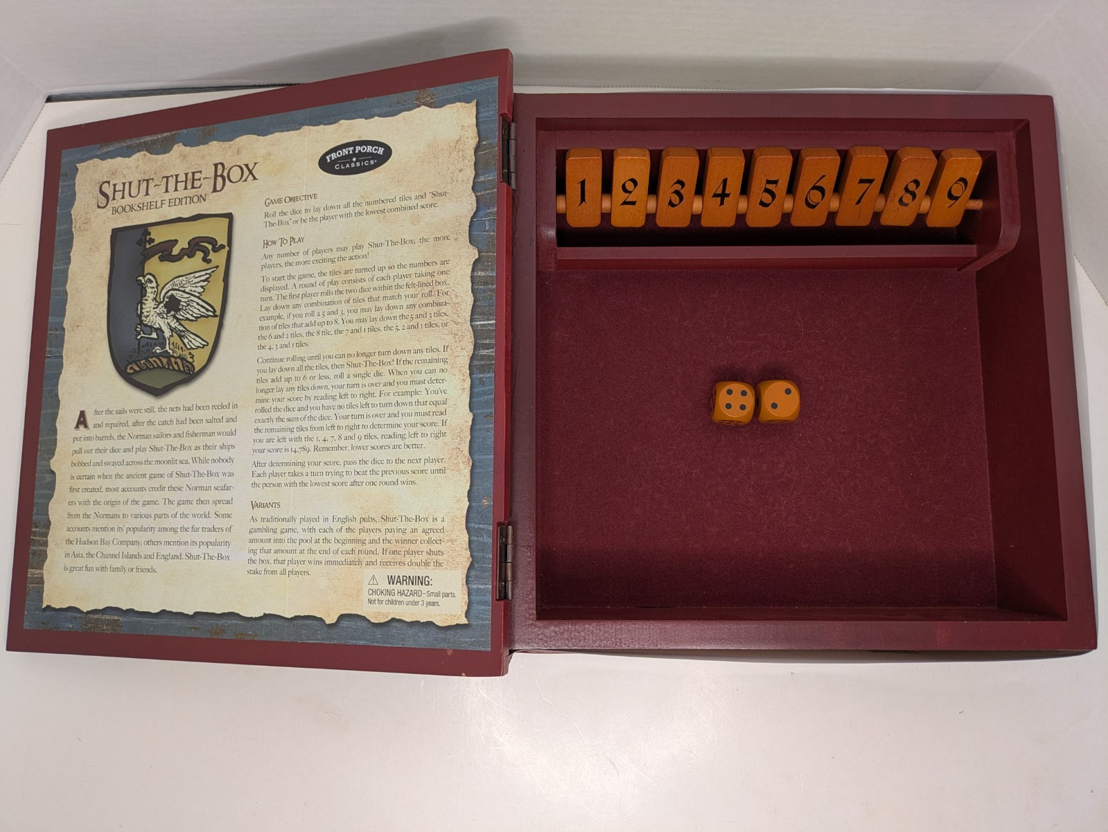 Front Porch Classics Vintage Shut The Box Game Wooden Bookshelf Complete