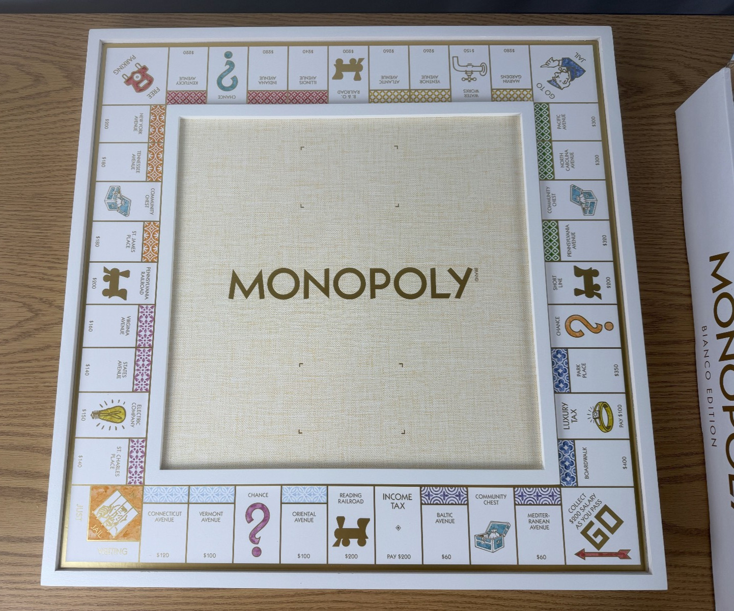 WS Game Co Monopoly Bianco Edition with Foil-Stamped Wood Game Board Open Box