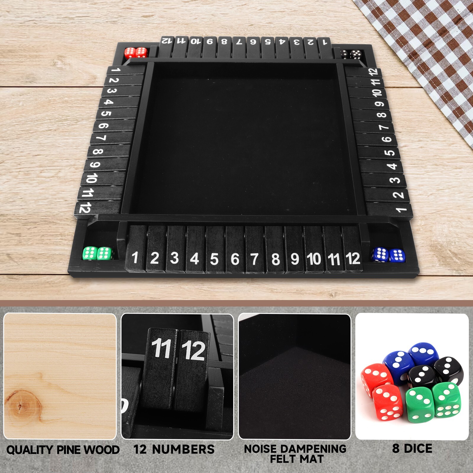 4-Player 12 Number Shut The Box Dice Game. Family Party Porch Pub Bar Board Game
