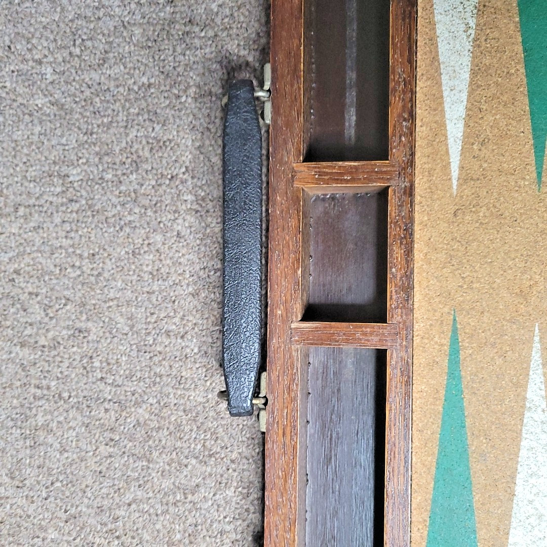 Vintage Backgammon Set-cork Board Green/white Points Marbled Chips Wood Case.