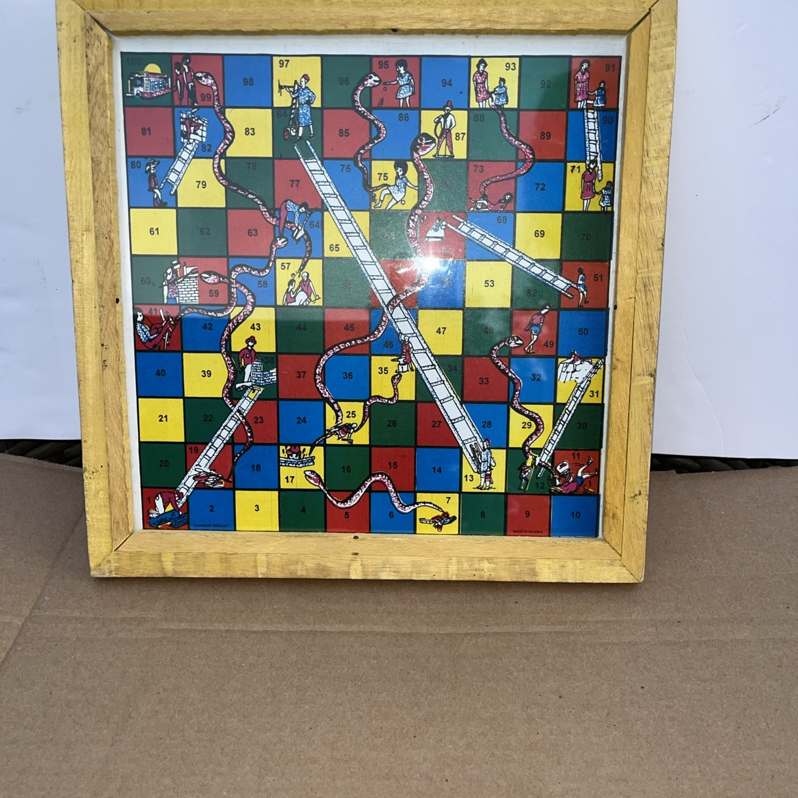 Framed Wooden Snakes Ladders Game Double Sided Soccer Stars BOARD Only 13 In Sq