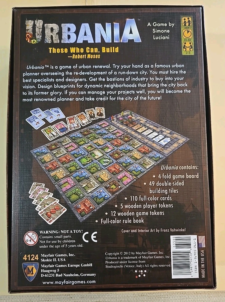 URBANIA 2012 Board Game by Simone Luciani Mayfair Games Pre-owned Excellent