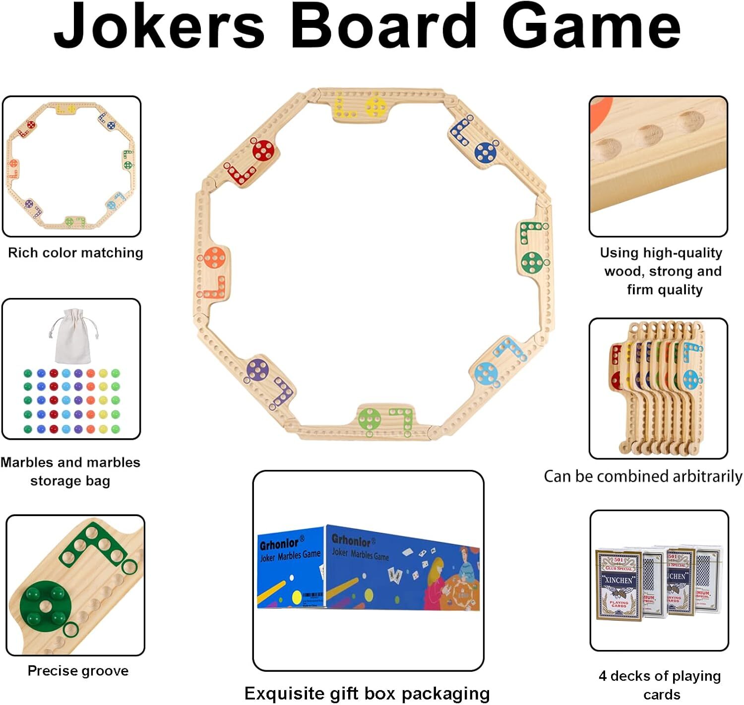 Wood Pegs and Jokers Board Game Set 2 to 8 Player with Cards Marbles Portable