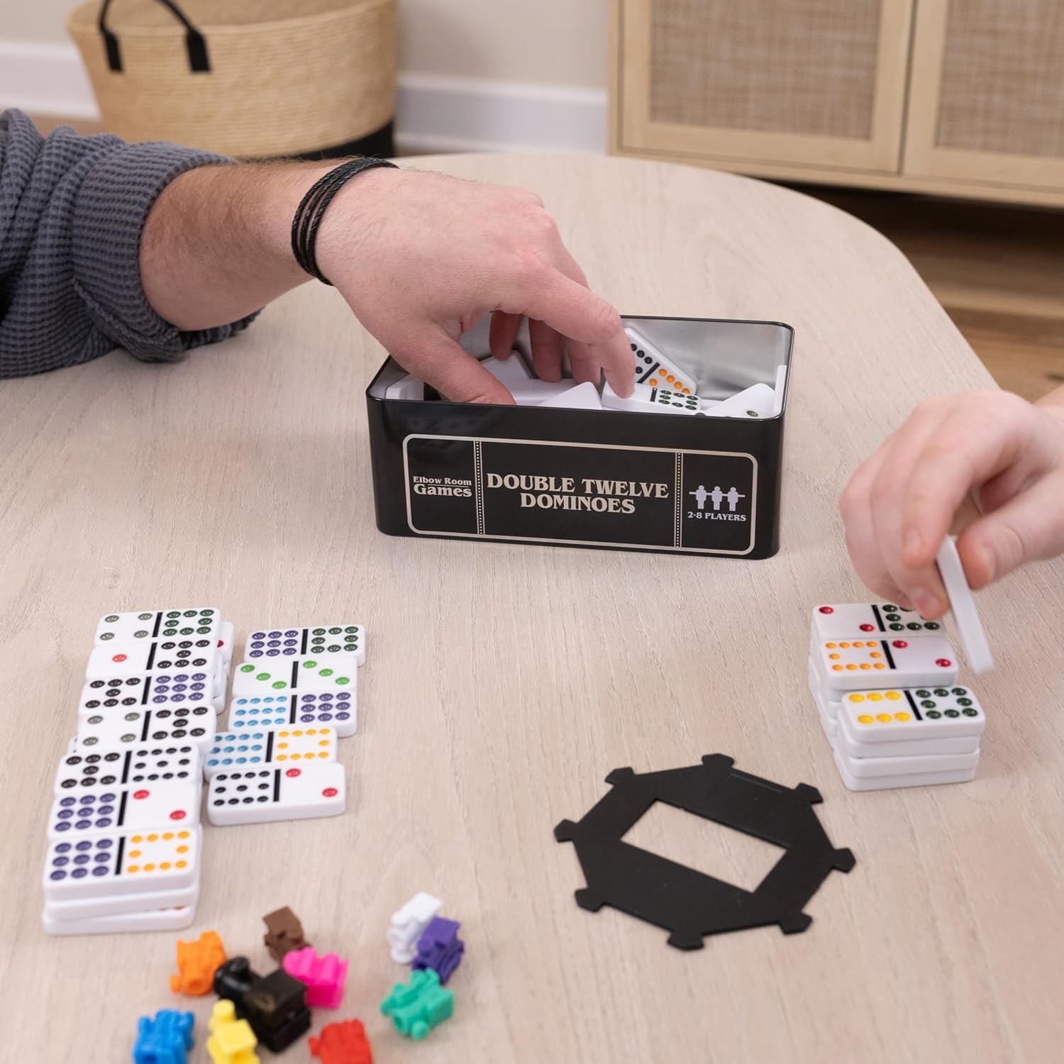 Mexican Train Dominoes Set – 91 Colorful Tiles with Storage Tin for 2-8 Players