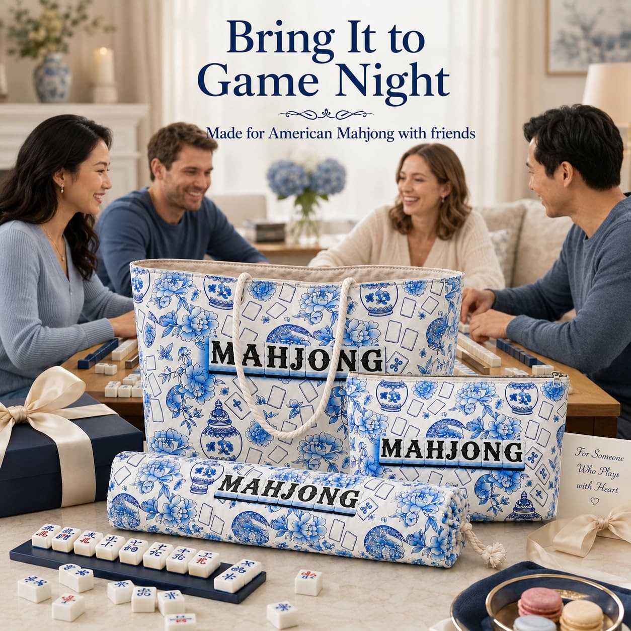 3 Pcs Empty American Mahjong Bags for Tiles and Racks and Mat, Blue Floral Ma…