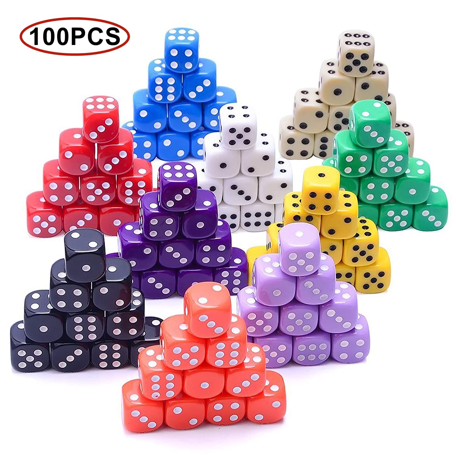 100pcs Dice 12mm Colorful Dice, 6 Sided 10 Colors, Translucent, Color…