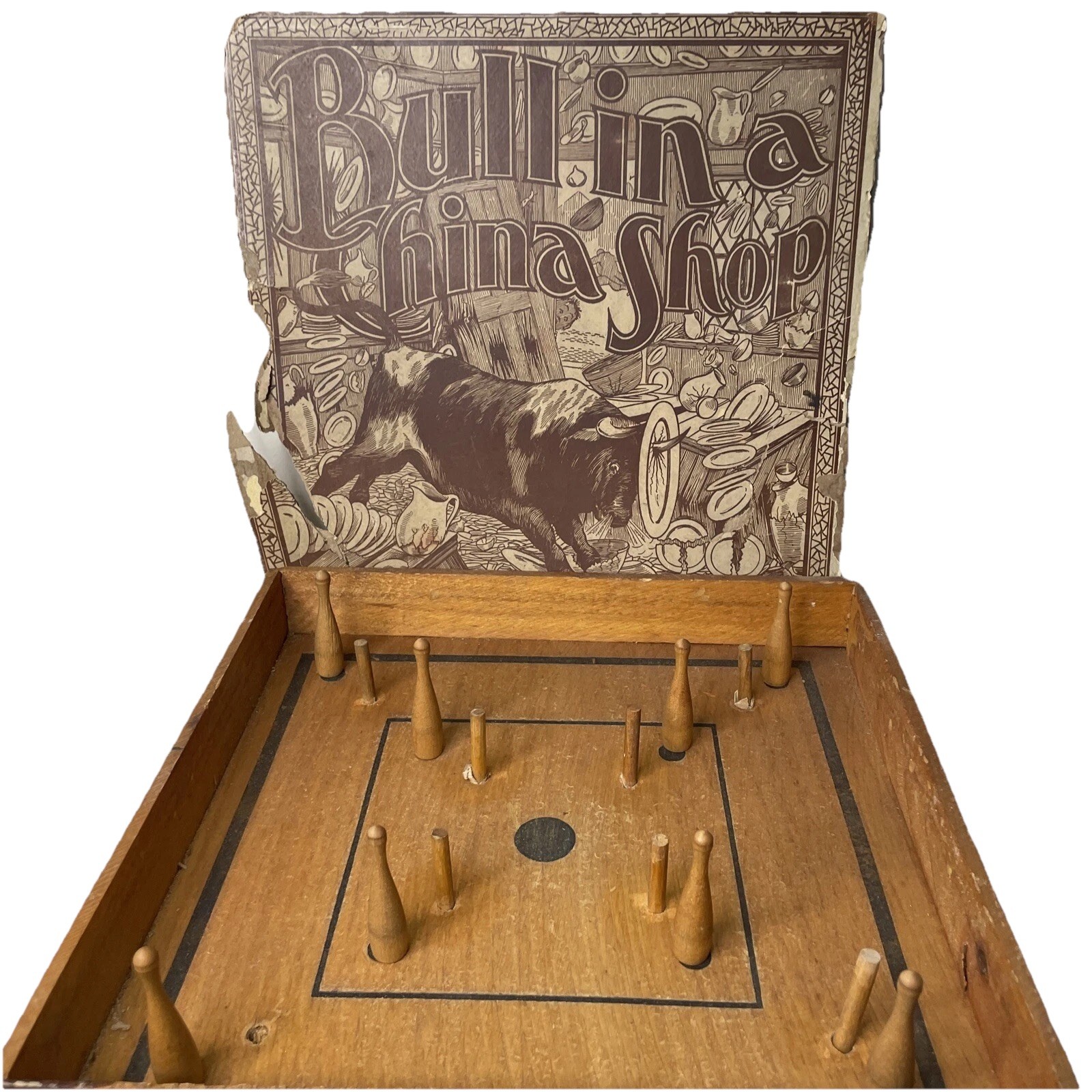 Rare 1906 Bull in a China Shop Board Game As-Is Wooden Base accessories READ