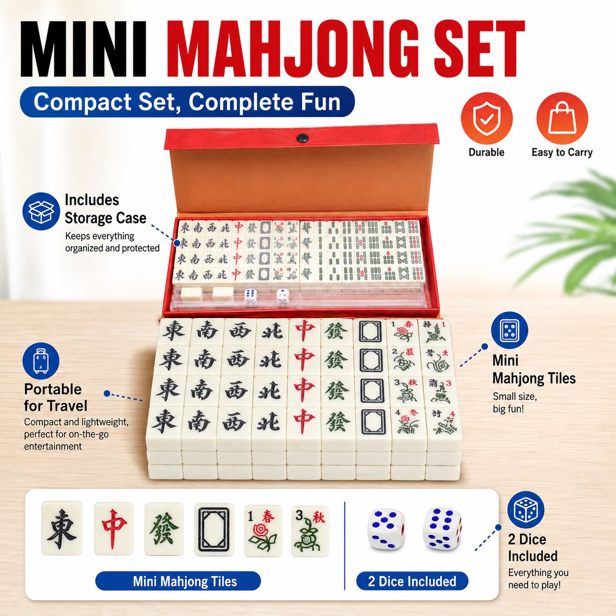 Mini Mahjong Set 144 Tiles 2 Dice Travel Board Game Storage Case Gift for Kids!!