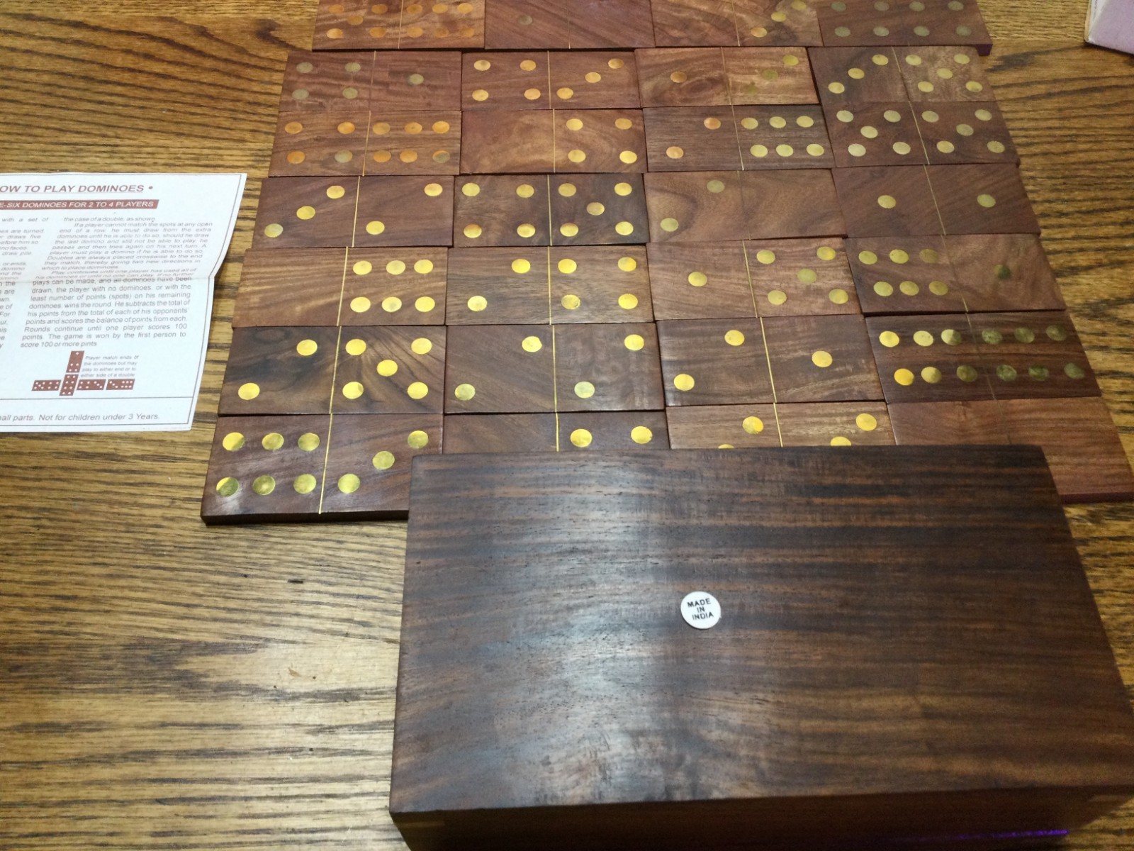 Wooden Domino Set with 28 Brass Inlay on 4″ x 1 7/8″ Tiles & Storage Box
