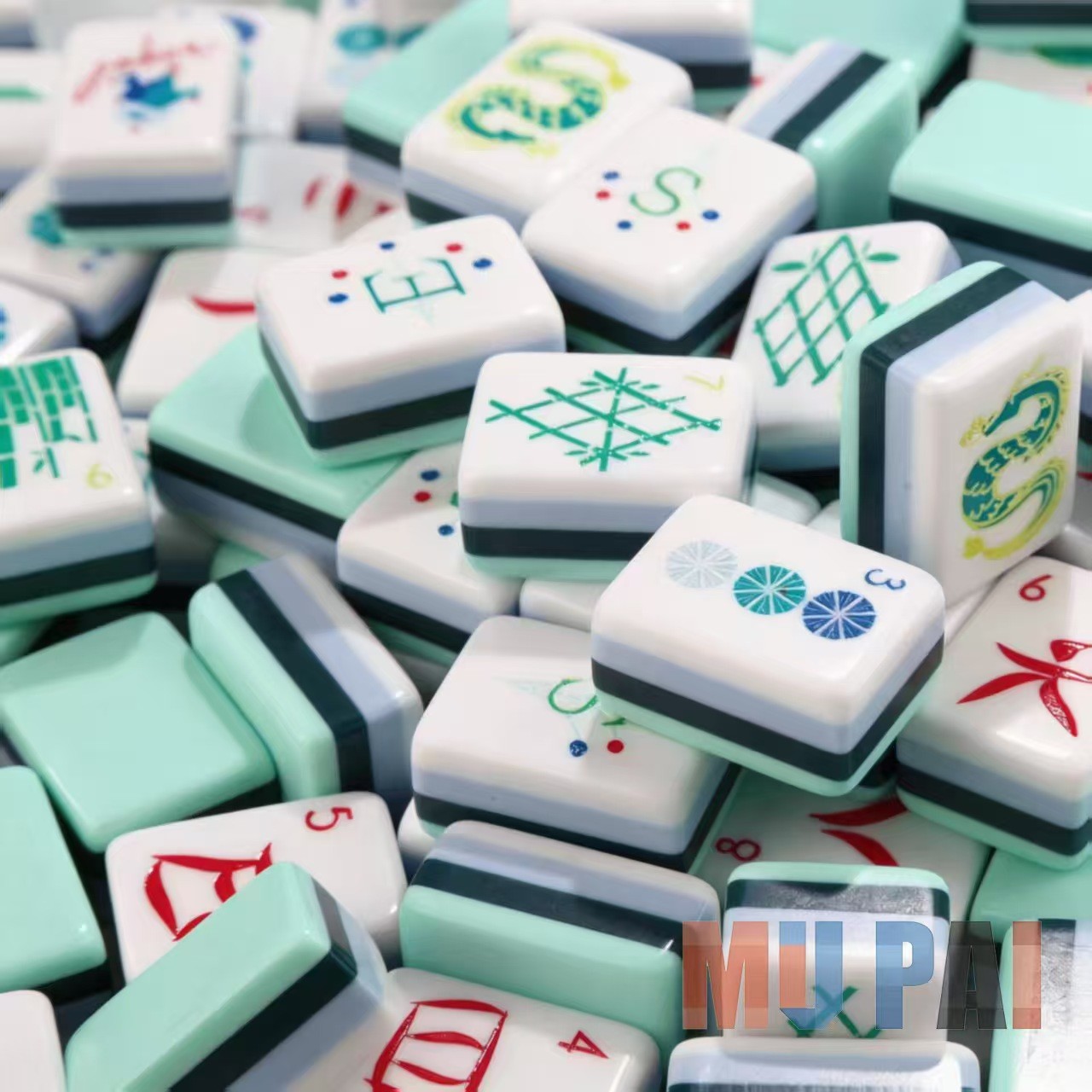 NEW! Vibrant Layered Mahjong Tiles – Full American Set 160Tiles – cyan dragon
