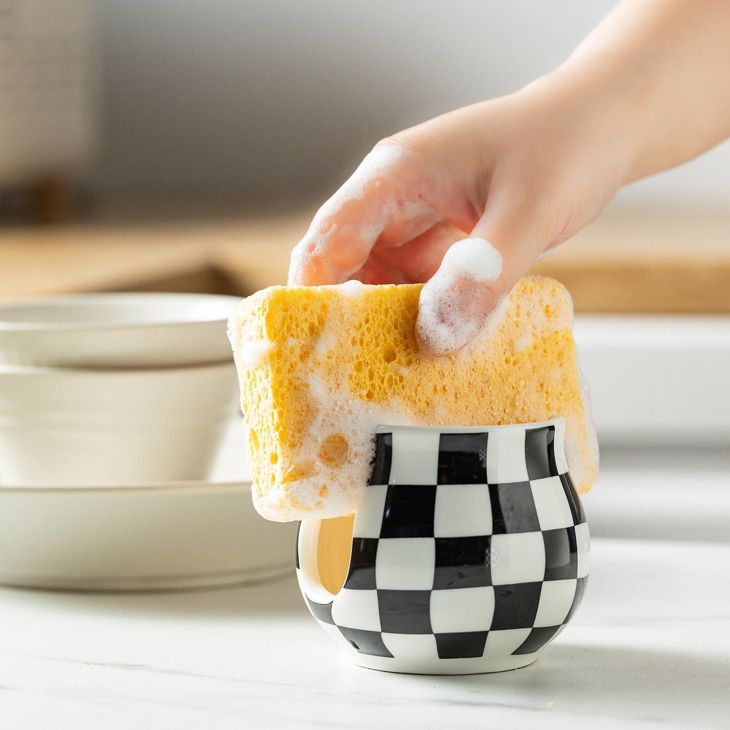Checkered Sponge Holder for Kitchen Sink, Ceramic Dish Sponge Dish Rack Scrubby