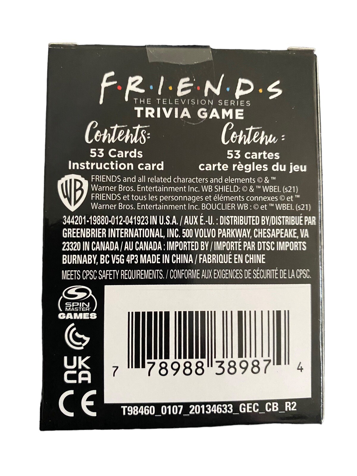 Friends Trivia Game Spin Master Games 53 Cards & Instruction Card Ages 14+