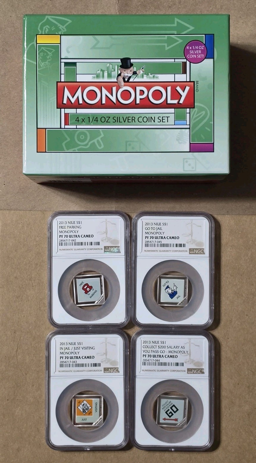 2013 Niue $1 Monopoly 4 coin Set /w House (OGP + COA) 999 SILVER COIN GO – JAIL