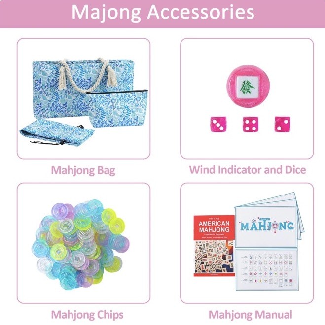 My Mahjong Trove American Mahjong Set Pink Tiles Blue Floral Tote Complete