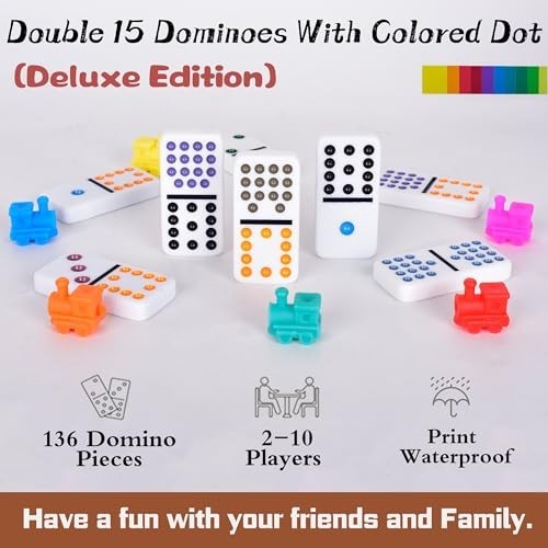 Dominoes Set Double 15 Colored Dot Mexican Train Game 136 Tiles Aluminum Case