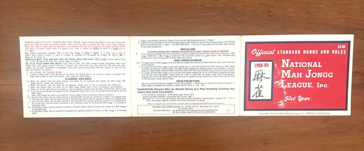 1988-89 National Mah Jongg League Official Hands & Rules Card 51st Year