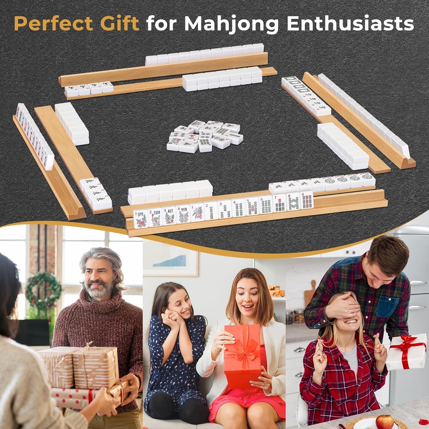 Wooden Mahjong Racks with Pushers, Set of 4, Solid Wood Tile Racks with Push Sli