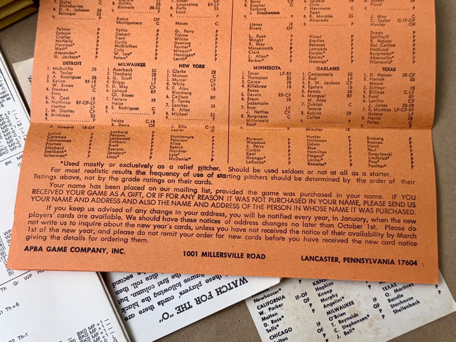 Vintage APBA Baseball Game Cards – Complete 1972 Baseball Season – Extra players