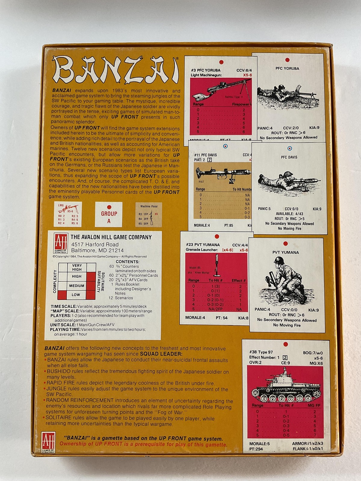 Vintage 1984 BANZAI Board Game Avalon Hill Gamette UP FRONT Players 1-2 China