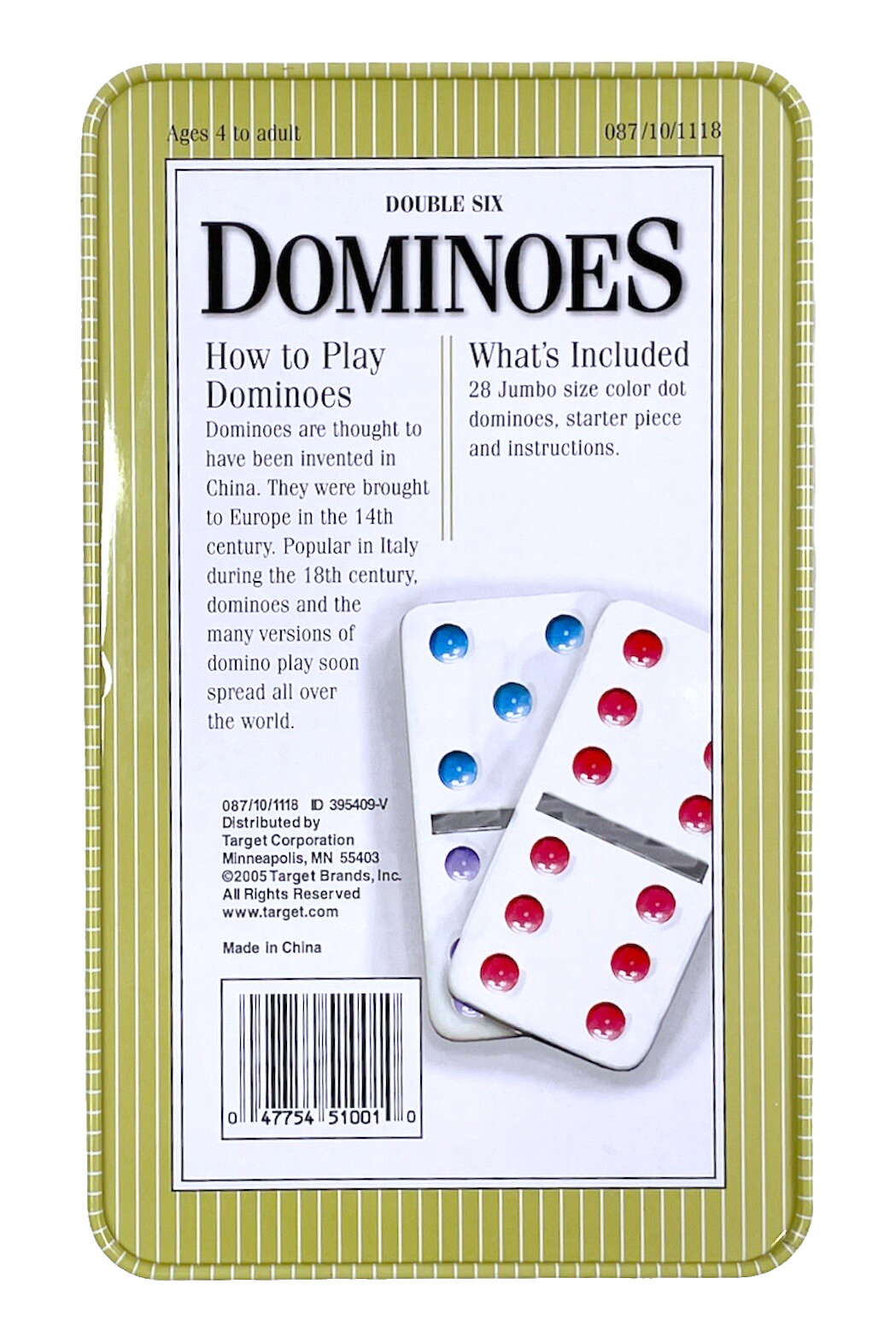 Double Six Jumbo Dominoes Colored Dots in Yellow Tin Storage Box *READ*