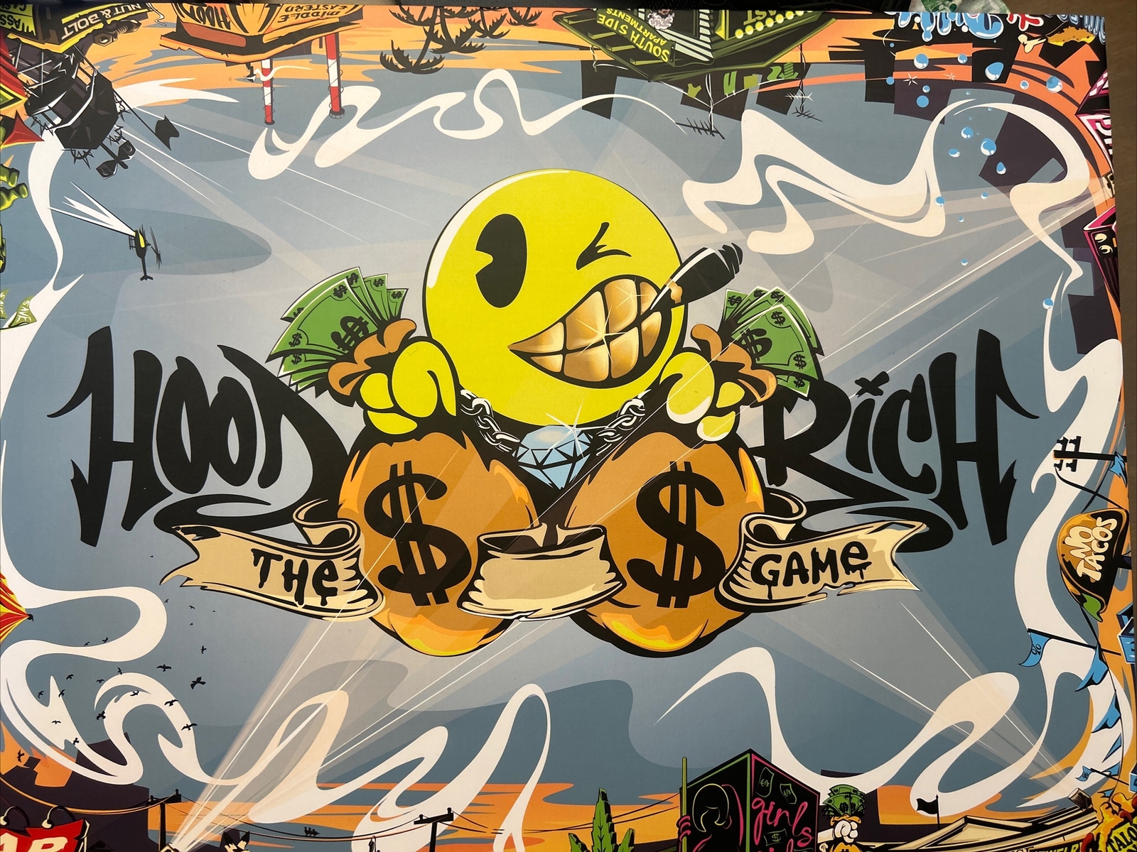 board game (HoodRichTheGame) 2-8 Players, Dice, Cards And Characters.