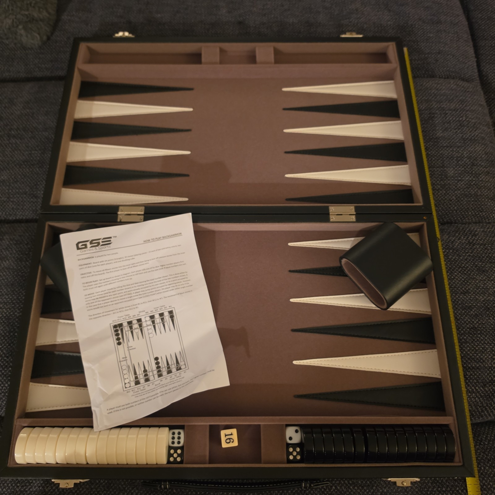 Vintage Backgammon Complete Set Gray Felt W/ Black & White Points And Stones