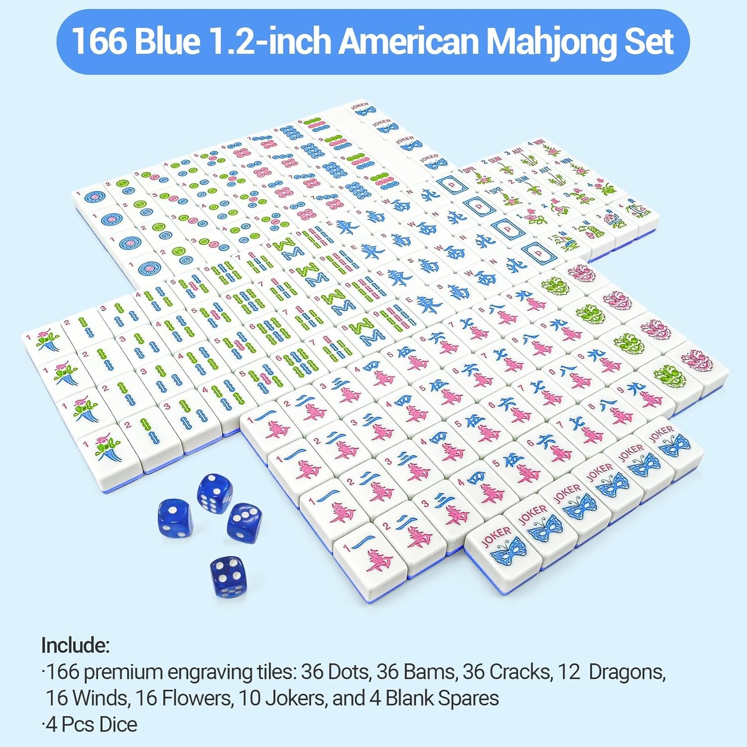 American Mahjong Tile Set, 166 Blue Tiles (1.2”), Mahjong Tile Set with Carrying