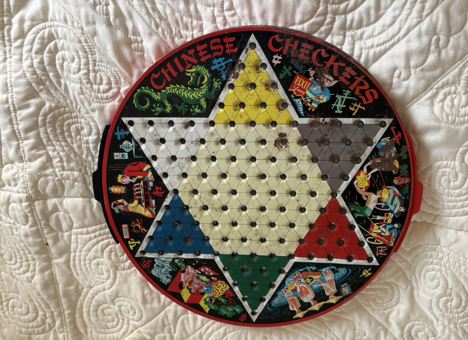 Vintage Pixie Game by Steven Chinese Checker Board Multicolor Round Metal USA