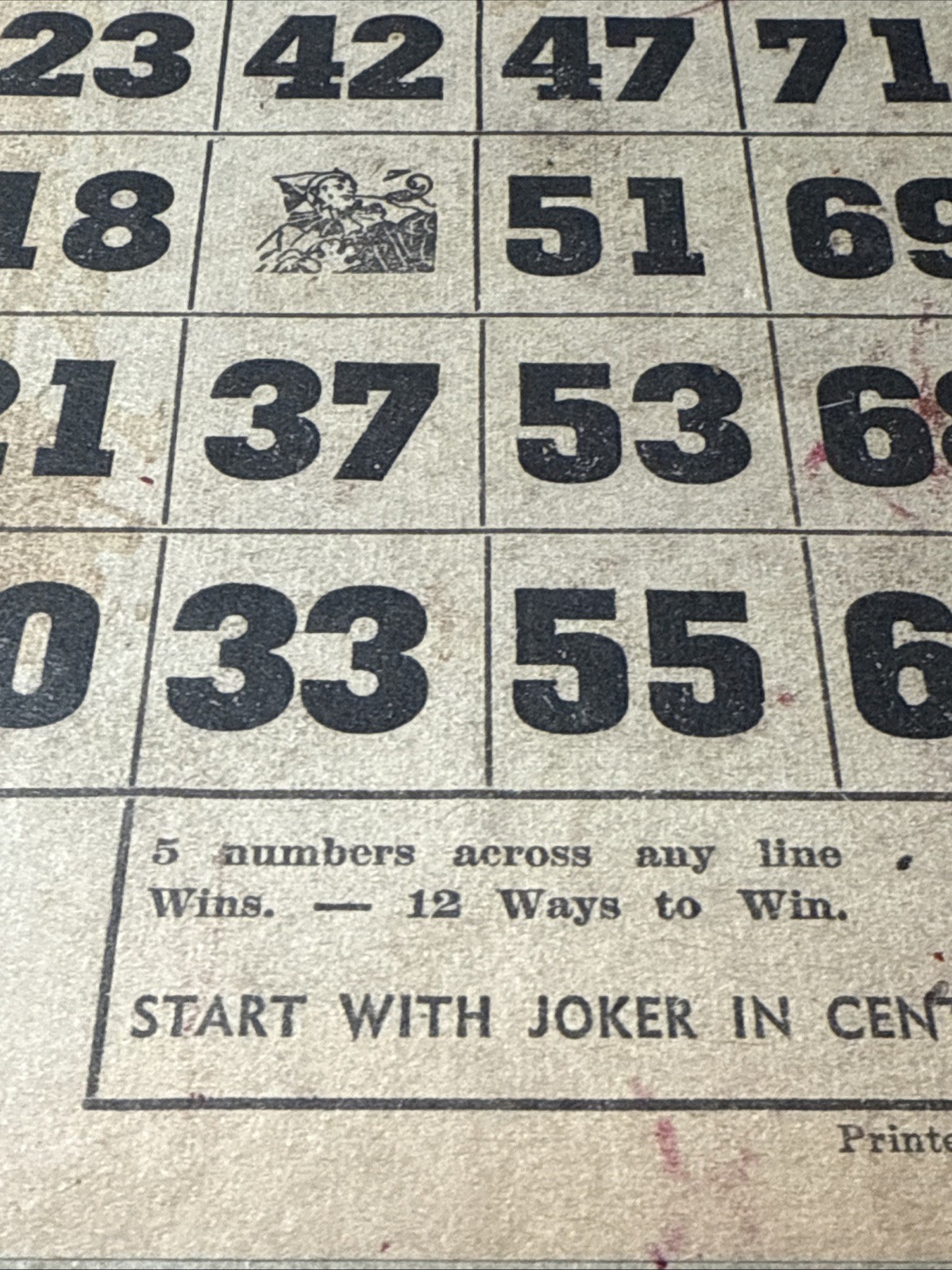 1930s Lg heavy Double BINGO Card Vtg Joker Center USA 12 Ways to Win