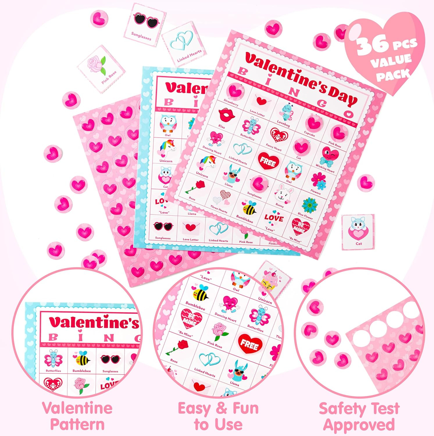36 Player Valentines Bingo Cards 5×5 Kids Classroom Party Game Fam Activity Fun!