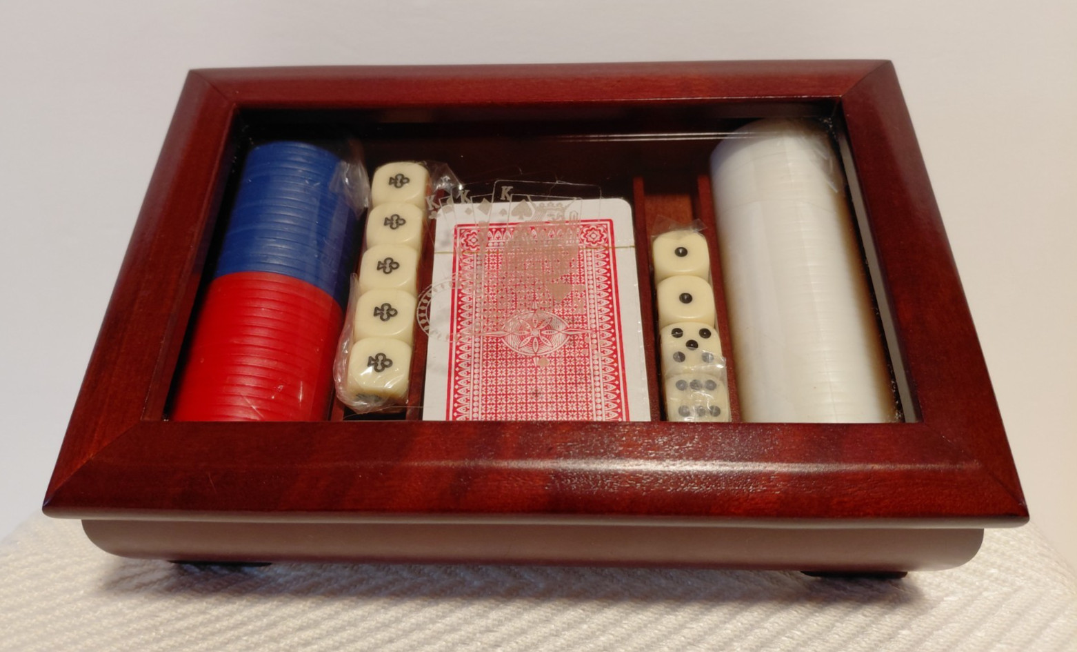 Poker set in wooden & glass box -sealed 2 sets dice/2 decks cards/2 chips-VTG