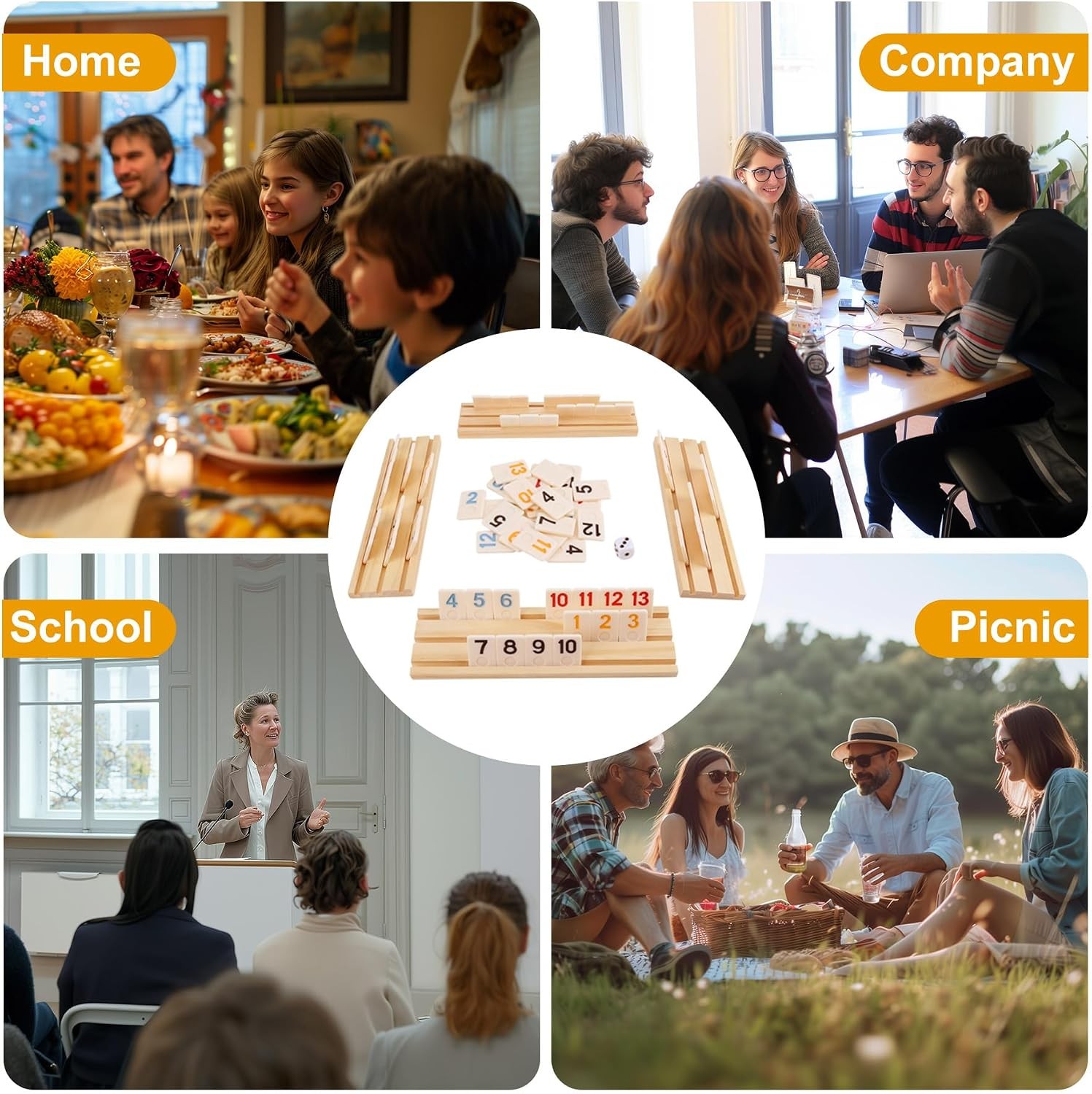 Upgraded Rummy Cube Game Set & 4 Wooden Racks, 106 Large Number Rummy Tiles and