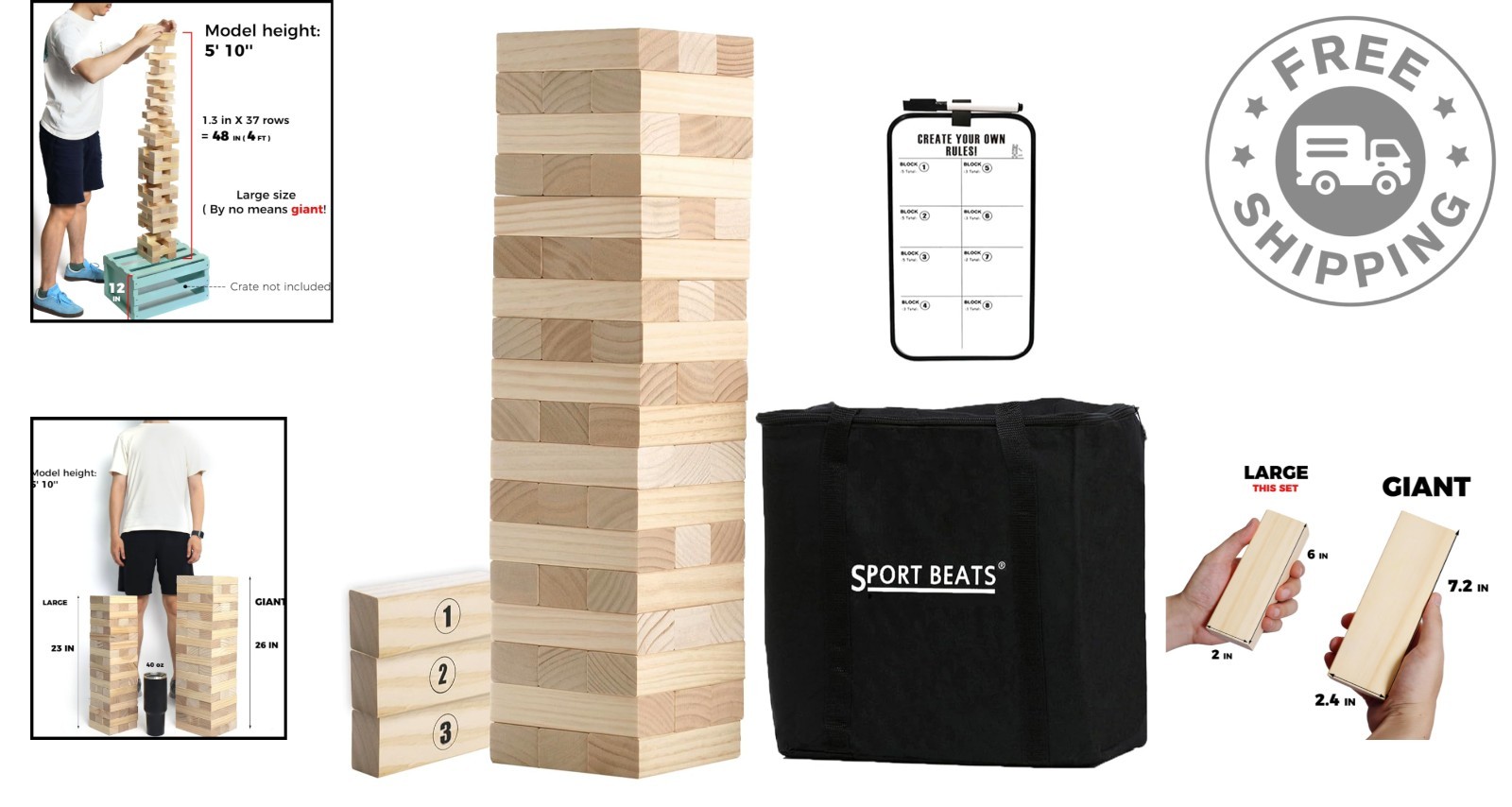 Outdoor Tower Game: 54 Large Stacking Blocks with Carry Bag & Scoreboard