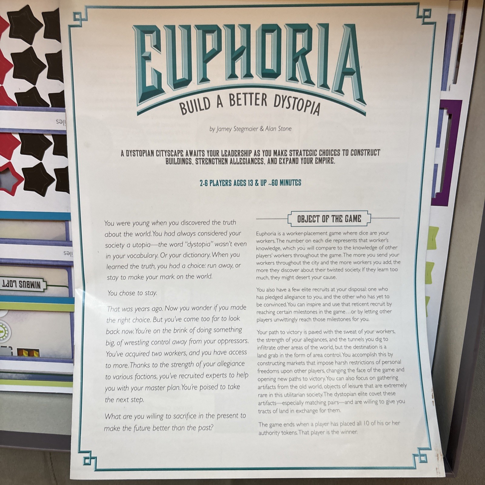 Euphoria : Build A Better Dystopia 2013 Stonemaier Kickstarter 100% Complete
