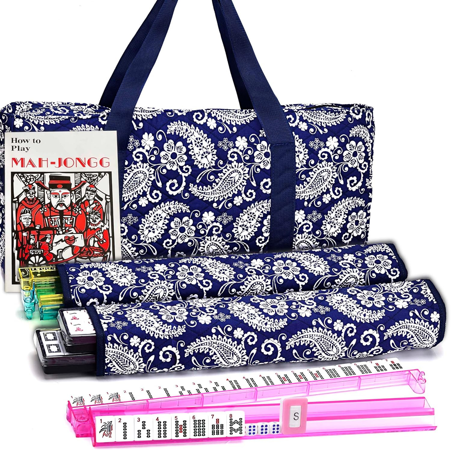 American Mahjong Set, Blue Paisley Carrying Bag,166 Premium White Tiles,4 All-In