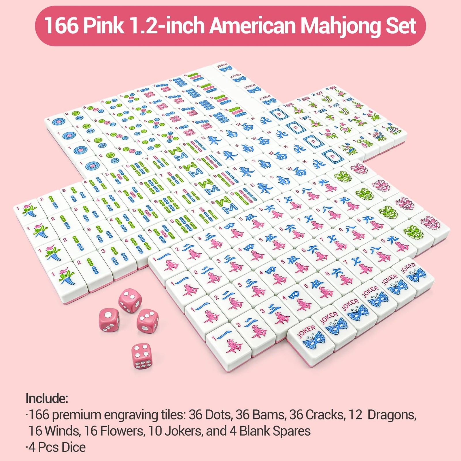 Gartu American Mahjong Tile Set, 166 Pink Tiles (1.2”), Mahjong Tile Set with…