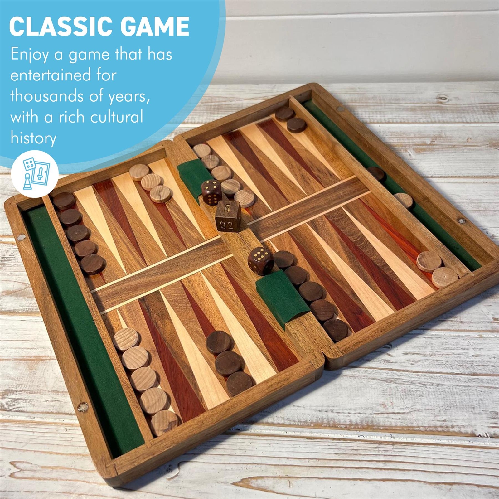 Wooden Inlaid Backgammon Set 36cm x 30cm Classic Game with Pieces & Dice