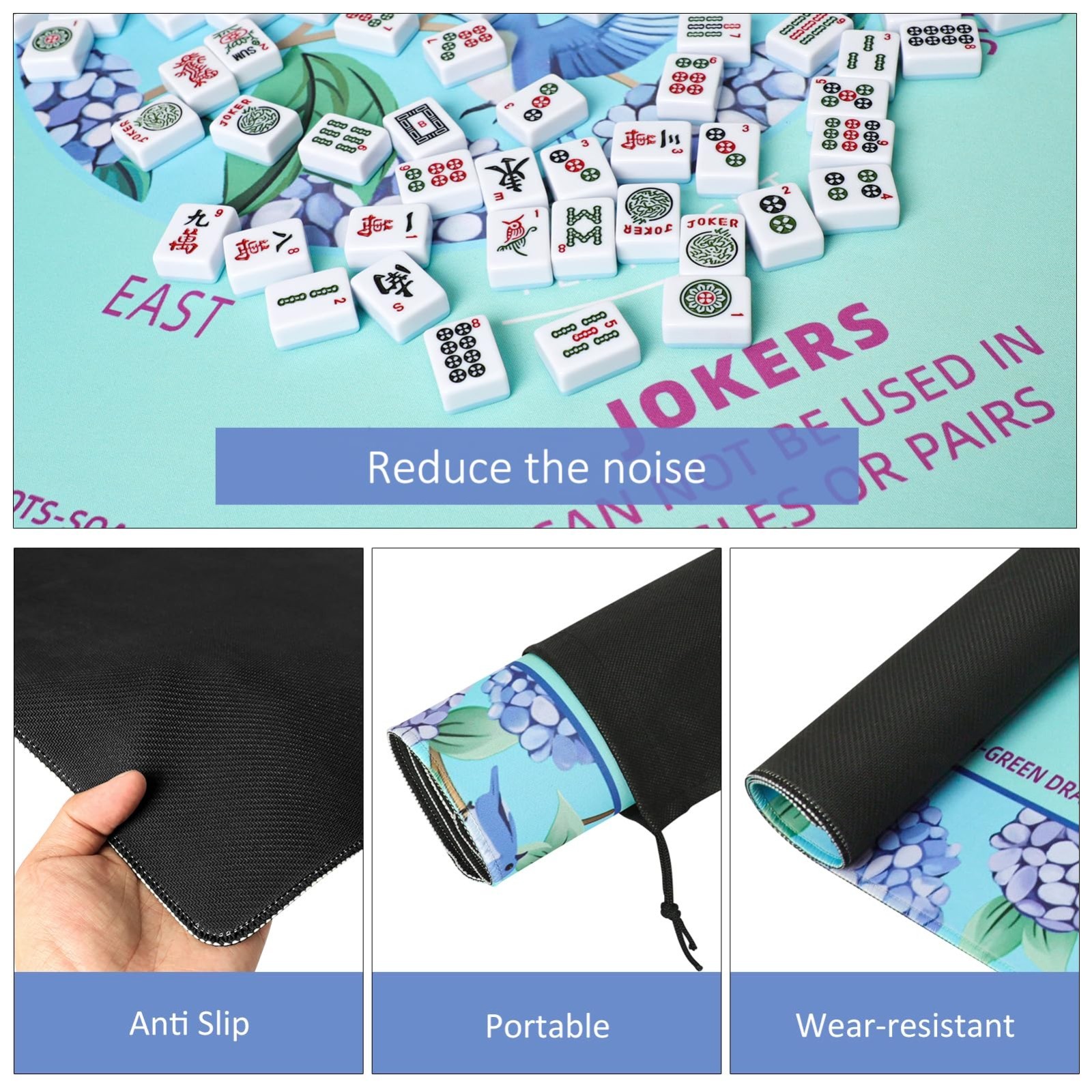 Green Mahjong Learning Mat 33″ x 33″ – Anti-Slip, Noise-Reducing, Carrying Bag I