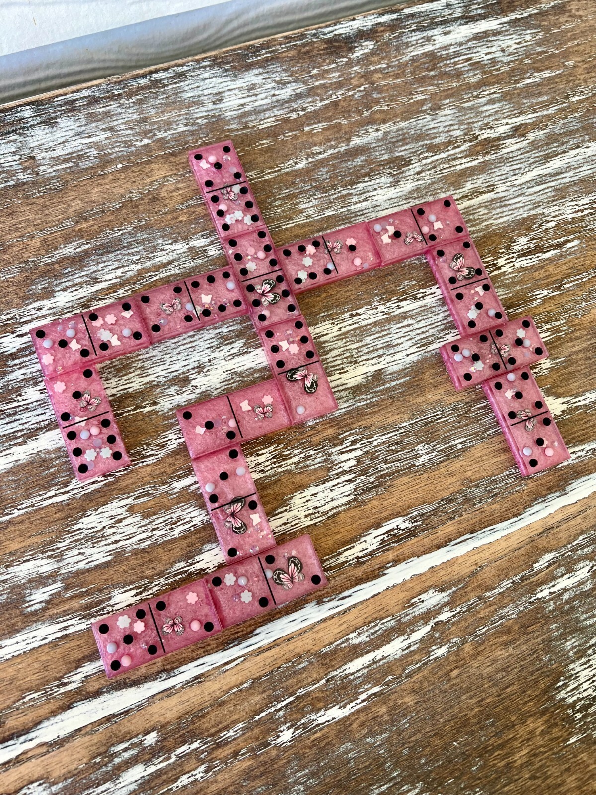 Butterfly Pink Resin Dominoes Game with Velvet Bag 28 pieces Glitter Handmade