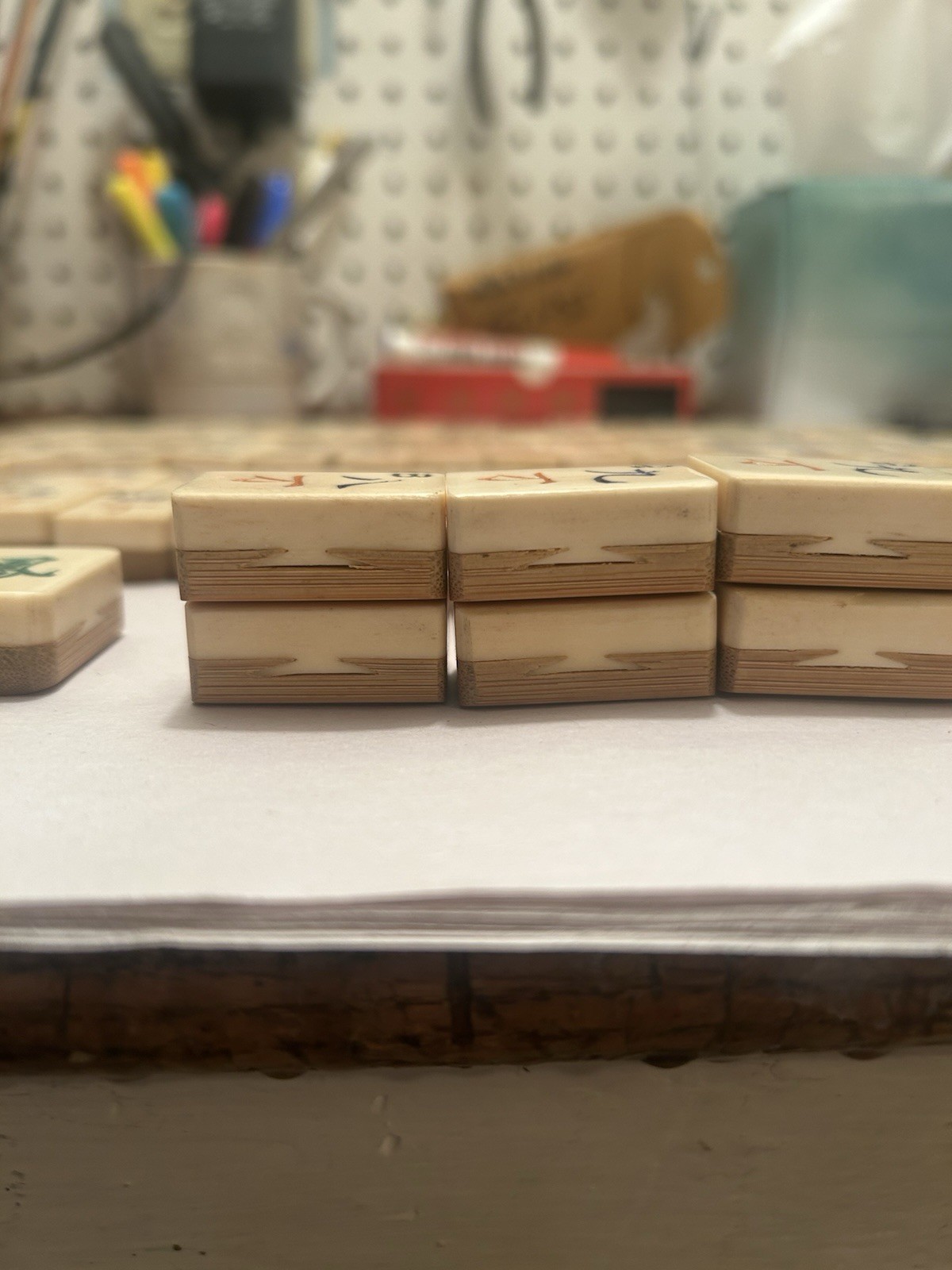 Vintage Bone and Bamboo Mahjong Tiles And Bag of Counting Sticks