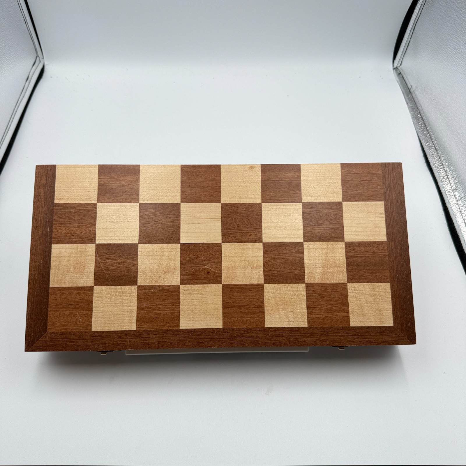 Wooden Folding Checkers Game Board Set w/ Wood Pieces & Storage Case 18″